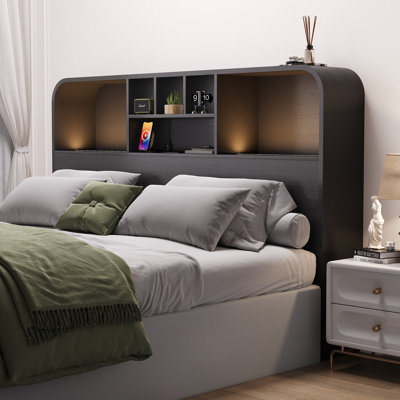 Rounded-Edge Bookcase Headboard with LED Lighting & Built-In Charging Station, Queen