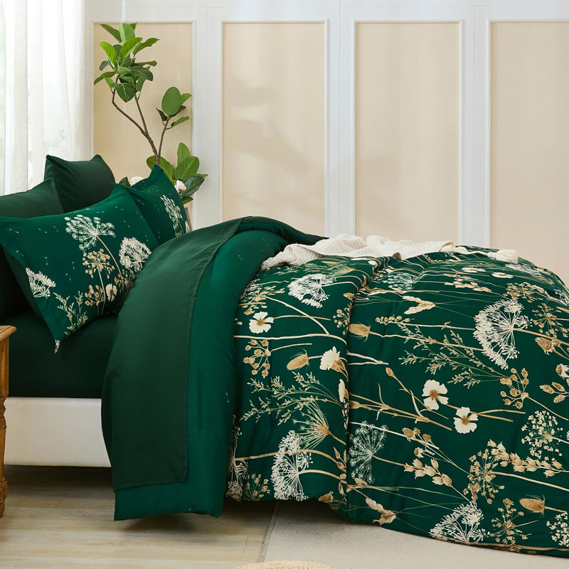 Ensemble d'édredon floral 7 pièces Dandelion, Vert foncé, Grand édredon et 6 pièces supplémentaires