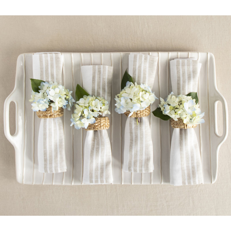 Natural and White Linen Farmhouse Dinner Napkins Set of 4