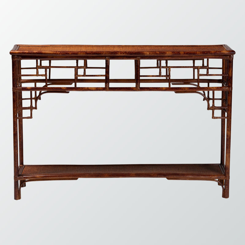 Console Clemency avec finition en rotin brun foncé et tablette ouverte, H 34,12 po x l 48,89 po x P 12,67 po