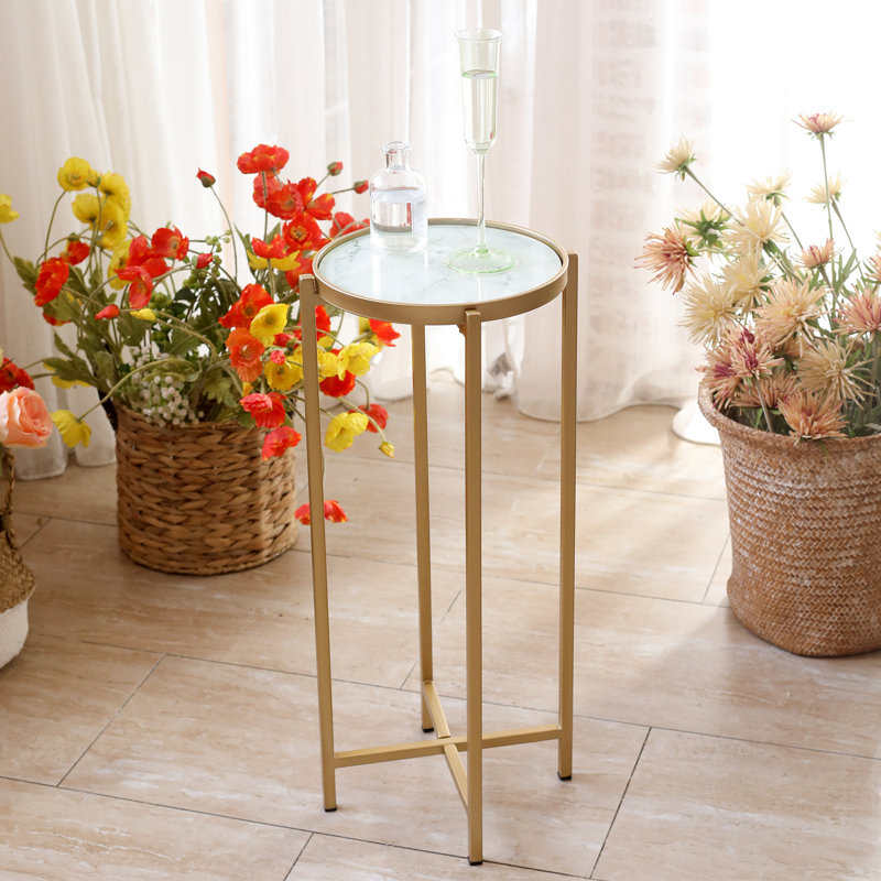 Small Round Gold Marble Side Table with Metal Frame