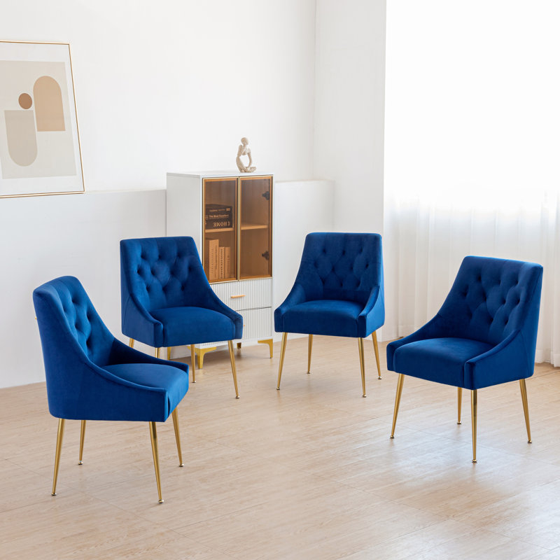 Modern Dining Chairs, Velvet Upholstered Dining Room Chairs with Gold Legs,Tufted Accent Chair Set of 4 for Reception Room Living Room Study Room(Blue)