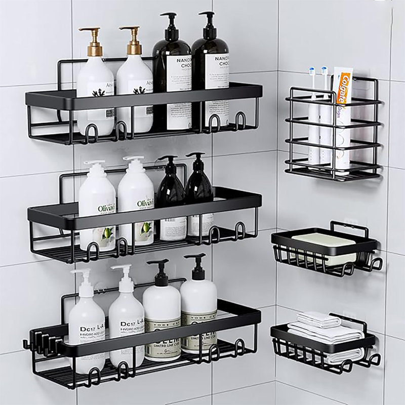 Ensemble de 6 supports de douche avec support de rasoir sans perçage requis - noir