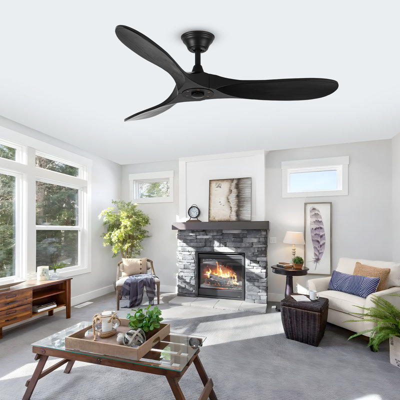 Solid Wood Ceiling Fan with  Remote, 132cm, Black
