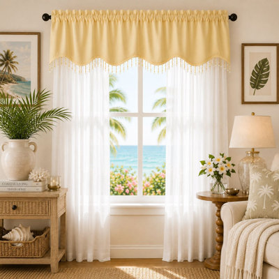  Sheer Elegance 3 Piece Window Curtain & Crystal Beaded Valance Set - Gold