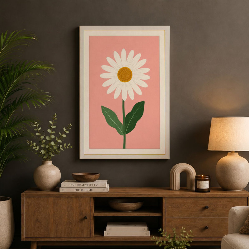 Daisy on Coral Botanical 1 Piece Wrapped Canvas Wall Art, 36x24 - 91.4 x 61.0 cm, Teal Border