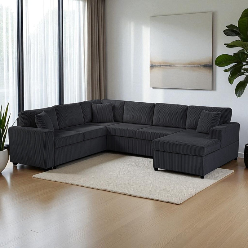 U-Shaped Sectional Sofa With Chaise, Black Corduroy