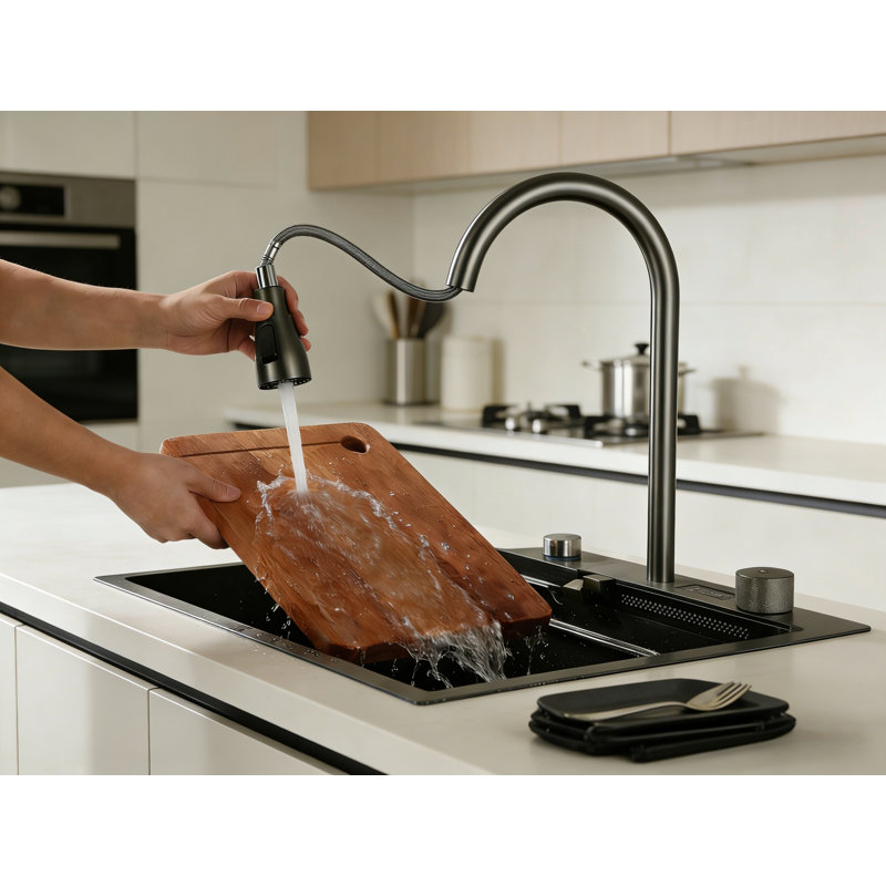 3Starz 29,5 po x 17,7 po Multifonctionnel utilitaire en acier inoxydable cascade de cuisine station de travail avec affichage de la température de l'eau Black Farmhouse