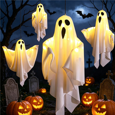4Pack  Halloween Hanging Ghost Lights Floating Ghost Decorations Battery Operated for Scary Halloween Decor Indoor Outdoor,(Battery Not Included）