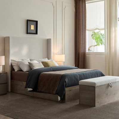 Grand lit avec tête de lit haute de 54 po, conception scandinave neutre, toile texturée, structure en métal, sans sommier tapissier, lit tapissier facile à installer, base en chenille haute moderne, base