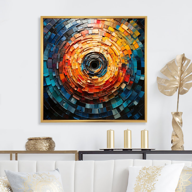 Coloré disque vinyle mosaïque III sur toile, H 24 po x l 24 po x P 1 po, Cadre flottant doré