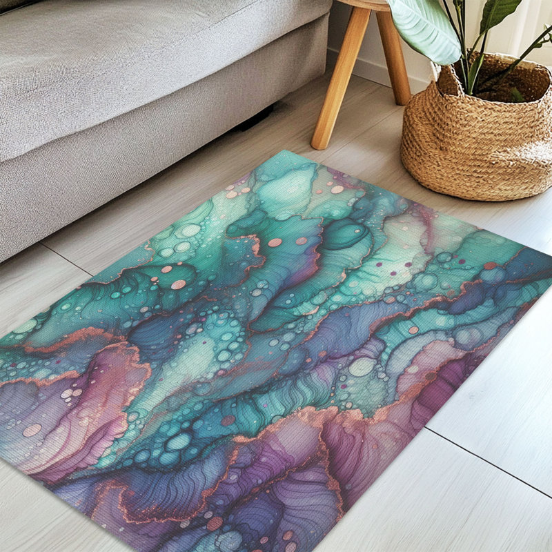 Tapis tressé bleu sarcelle et mauve scintillant, Rectangulaire 3 pi x 5 pi