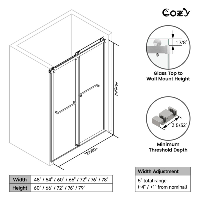 56-61" W x 72" H Frameless Double Sliding Shower Door with 3/8" (10mm) Clear Tempered Glass, Shatter-Resistant Film & Installation Hole Locator