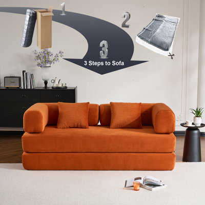 Convertible Sleeper Sofa Bed with Cylindrical Pillow, Corduroy Fabric and Fixed-Shape Frame for Living Room and Bedroom