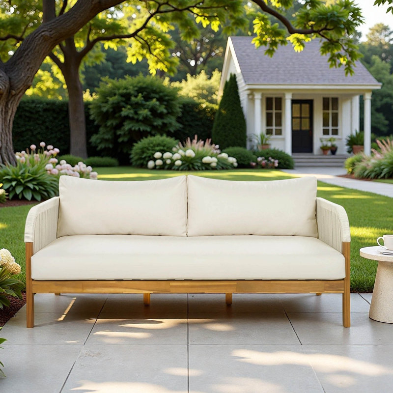 Canapé de patio 68,1 po en bois d'acacia avec coussins, Beige