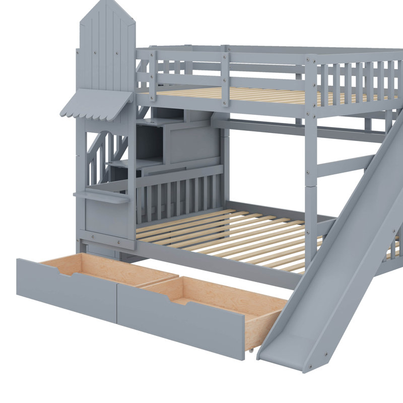 Lit superposé double de style château avec 2 tiroirs, 3 tablettes et glissade, Gris