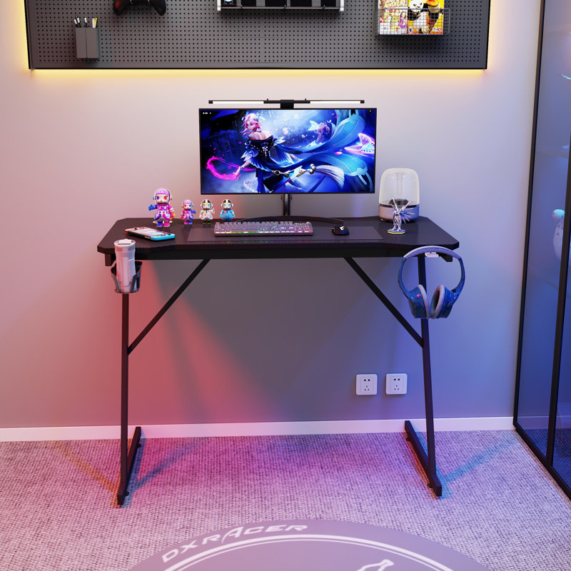 Gaming Desk Carbon Fibre Finish Black Cup Holder, Headphone Hook & Cup Holder, 75cm H x 80cm W x 60cm D