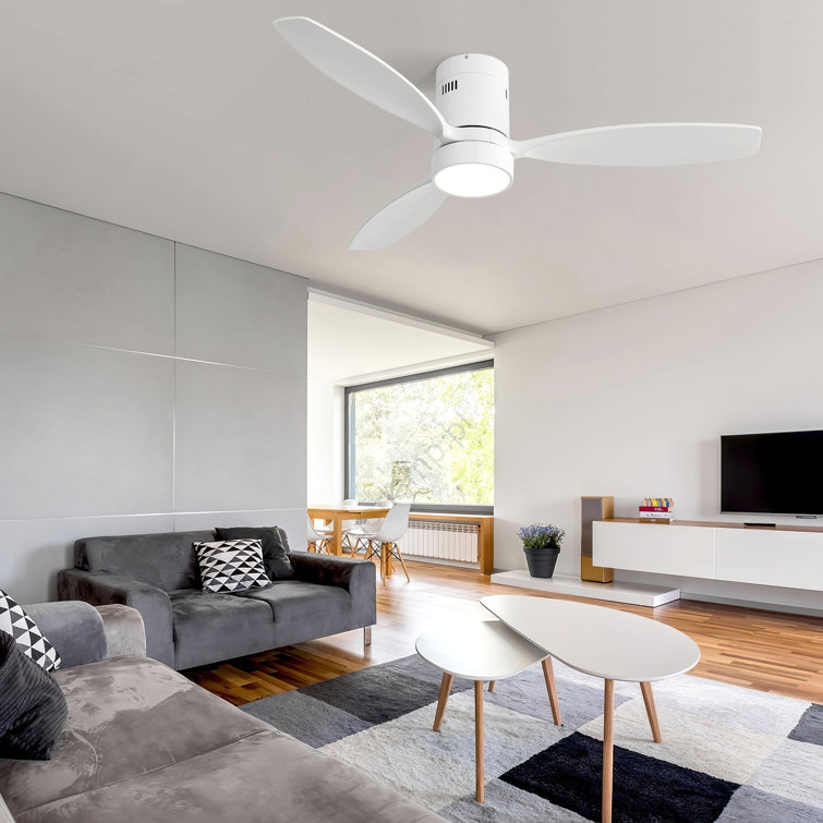 52 Inch Flush Mount Solid Wood Ceiling Fan With 6 Speed Remote Control Reversible Dc Motor For Home