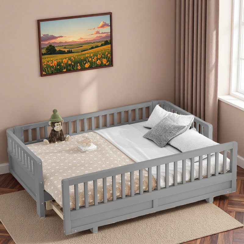 Lit plateforme avec garde-corps et taille convertible, Gris, Très grand simple