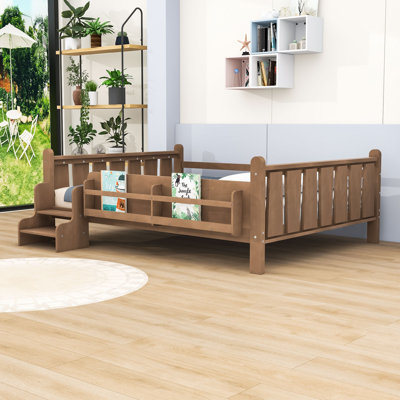 Wood Floor Bed with Storage Bookcases and Guardrails