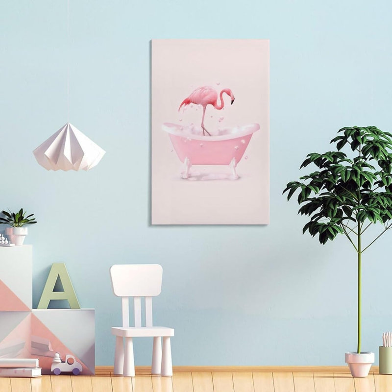 Flamingo In The Bathtub Unframed Canvas Wall Art  24" X 36"
