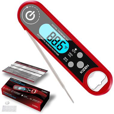 Kizen Instant Read Meat Thermometer - Folding Waterproof Thermometer with LCD Display Backlight & Calibration, Red