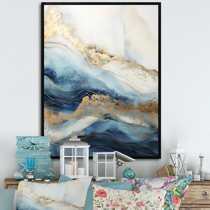 «White and Blue Goldern Abstract River - Northern Lights», art mural sur toile, H 20 po x l 12 po x P 1 po