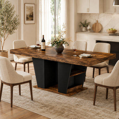 78.7 Inch Extendable Dining Table for 8-10 People, Rustic Kitchen Table with Storage Shelves, Adjustable Length Wood Dining Table with Industrial Styl