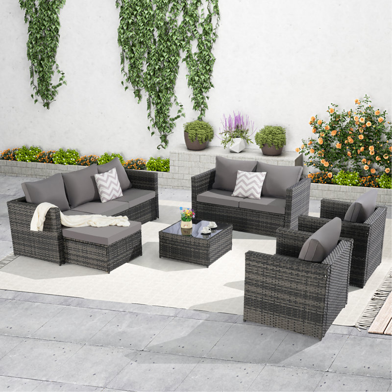 6 Piece Outdoor Conversation Set, Patio Sectional Sofa Set With Cushions And Glass Table, 11.82"H x 23.61"L x 25.22"W