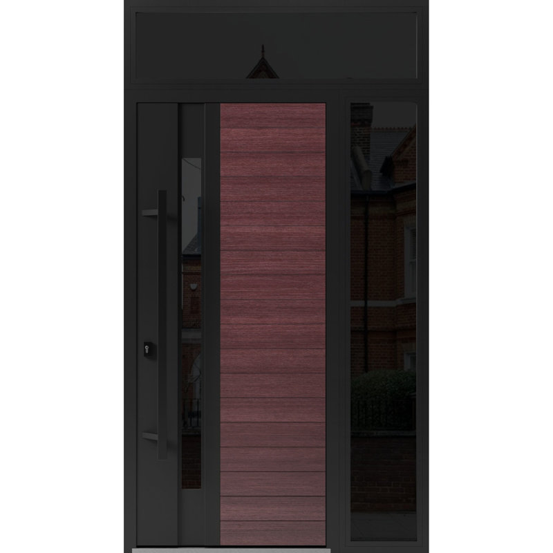 Façade avant en acier pré-suspendue / Ronex 0162 chêne rouge / fenêtre extérieure latérale et supérieure en métal / entrée en métal peint moderne l 36 po x H 80 po + 16 po à droite
