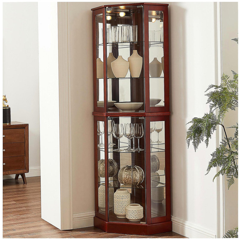 Vitrine de coin à 6 tablettes avec lumières, miroirs et tablettes réglables, cerisier (ampoule E26 non incluse), Merisier