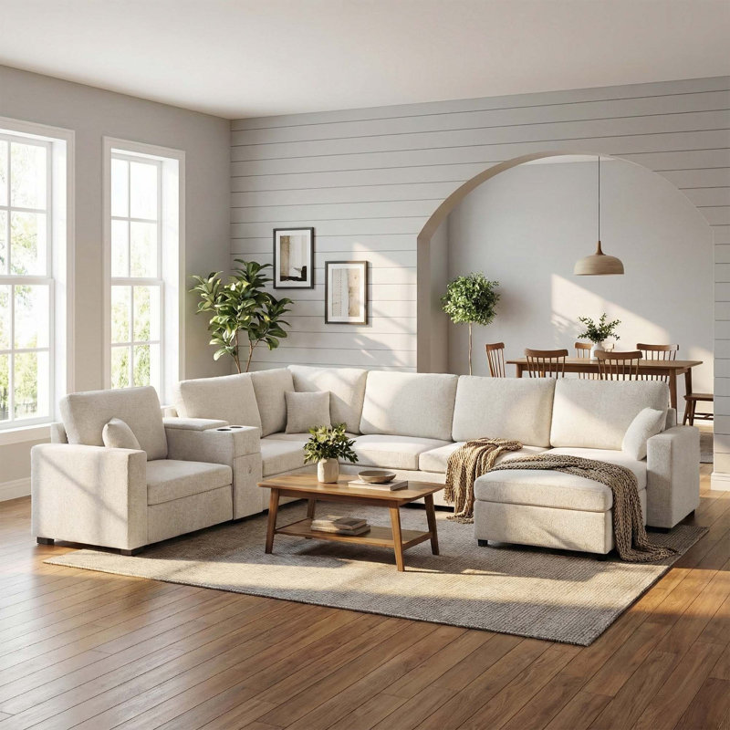 Canapé modulaire personnalisable avec rangement intégré et porte-gobelets, Chenille - beige