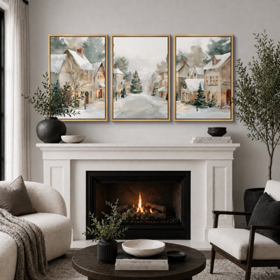 " Snowy Christmas Village Artwork, Living Room Pictures, Framed Canvas Giclee Print 3 Pieces Wall Art - 16"x24"x3pcs, 24"x36"x3pcs "
