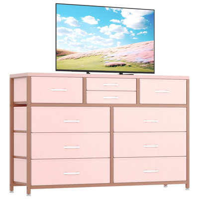 Meuble télé avec 10 tiroirs en tissu, centre de divertissement pour téléviseur de 50 pouces, console média avec rangement, meubles de salon