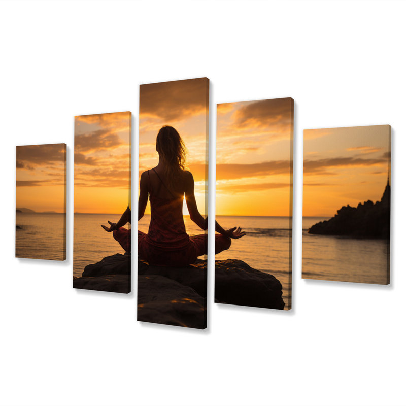 Orange orange, yoga au coucher du soleil II - art mural sur toile de yoga - 5 panneaux