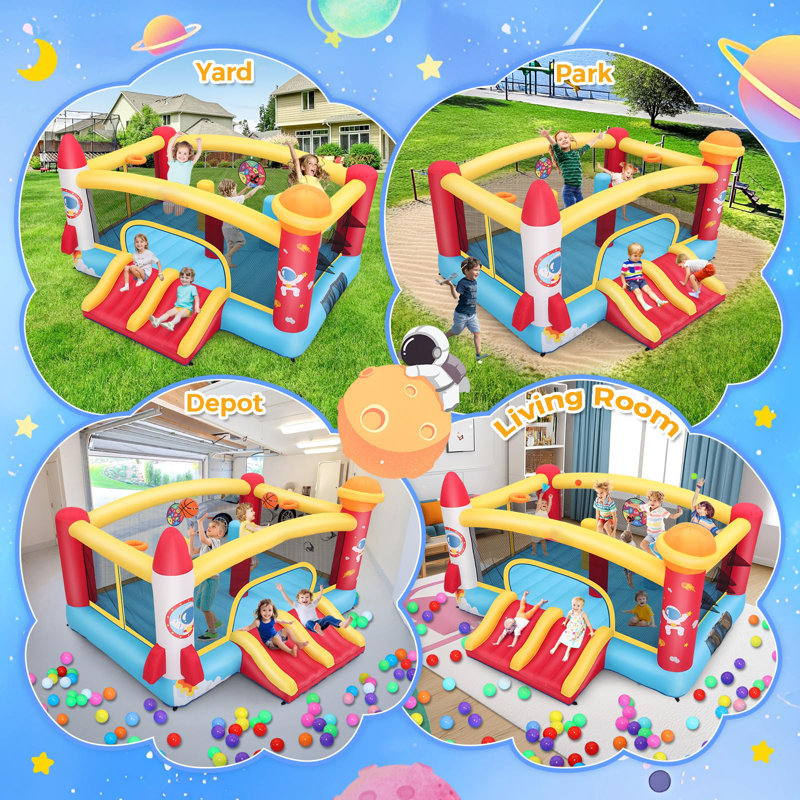 Château gonflable gonflable pour grands enfants 3-12, grand château gonflable à thème fusée avec double glissade de course, piliers de perforation, cerceaux de basketball doubles, jeu de fléchettes et jeu de lancer de balle