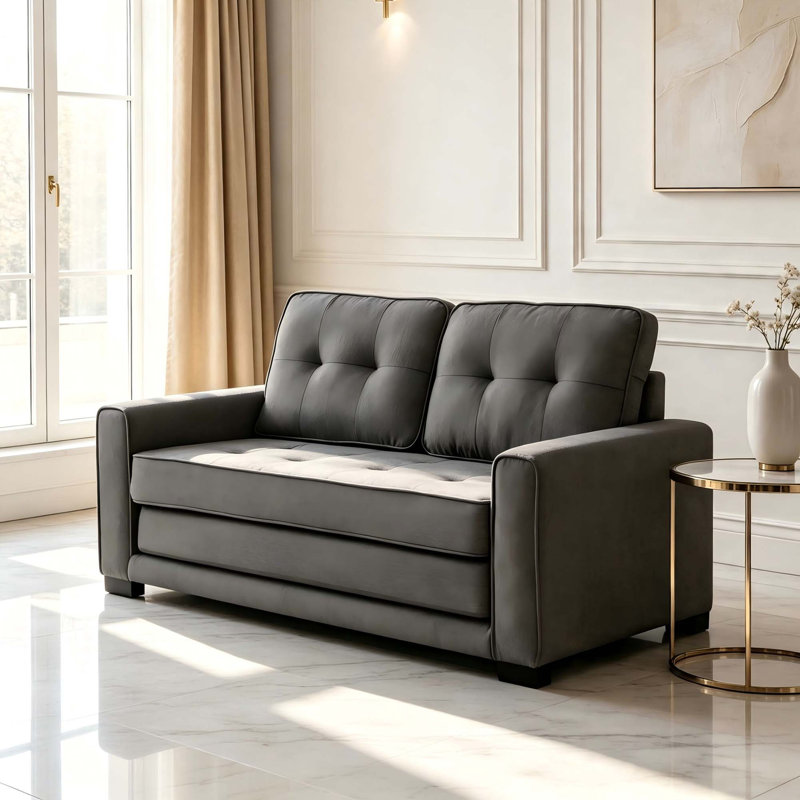 Canapé-lit capitonné convertible avec structure en bois massif, Tissu gris foncé