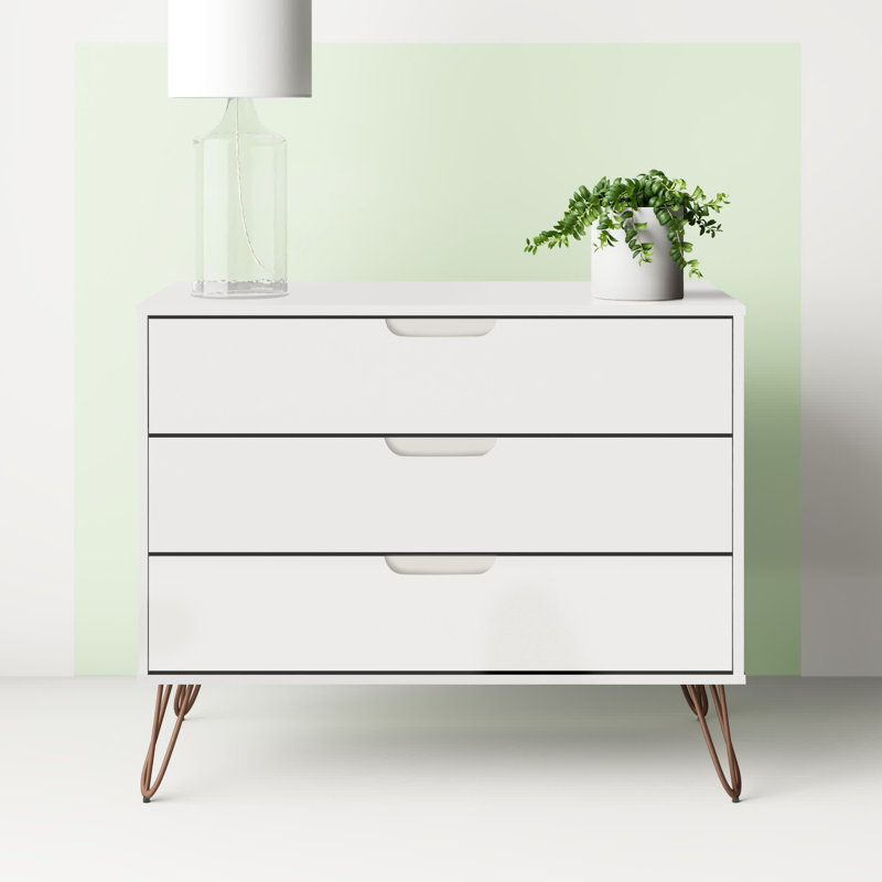 Rockefeller 35" Mid-Century Modern 3-Drawer Bachelor's Chest in White, White