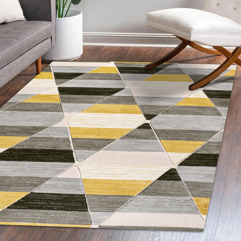 Fayma Retro Diamonds Geometric Yellow/Gray/Cream Rug, Rectangle 7'10" x 10'2"