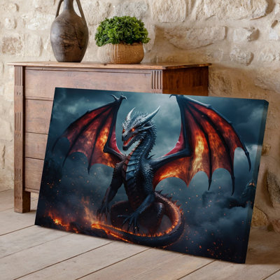 Toile, "Un majestueux dragon" avec des échelles noires complexes et un art mural rouge ardent