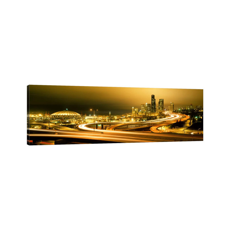 Buildings Lit Up At Night, Seattle, Washington State, USA - Wrapped Canvas Panoramic Print, 182.88 cm H x 60.96 cm W