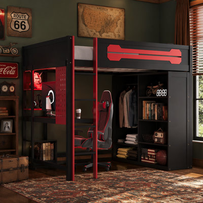 Full Size Wood Loft Bed with Desk, Open Wardrobe and RGB Light, Red