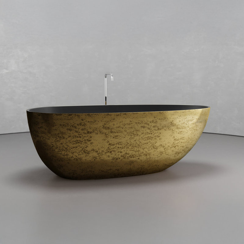 Vast Studio Metallic Freestanding Oval Bathtub – Aged Silver/Gray Solid Surface Deep Soaking Tub with Dual-Tone Interior & Exterior, Sculpted Modern Luxury Finish