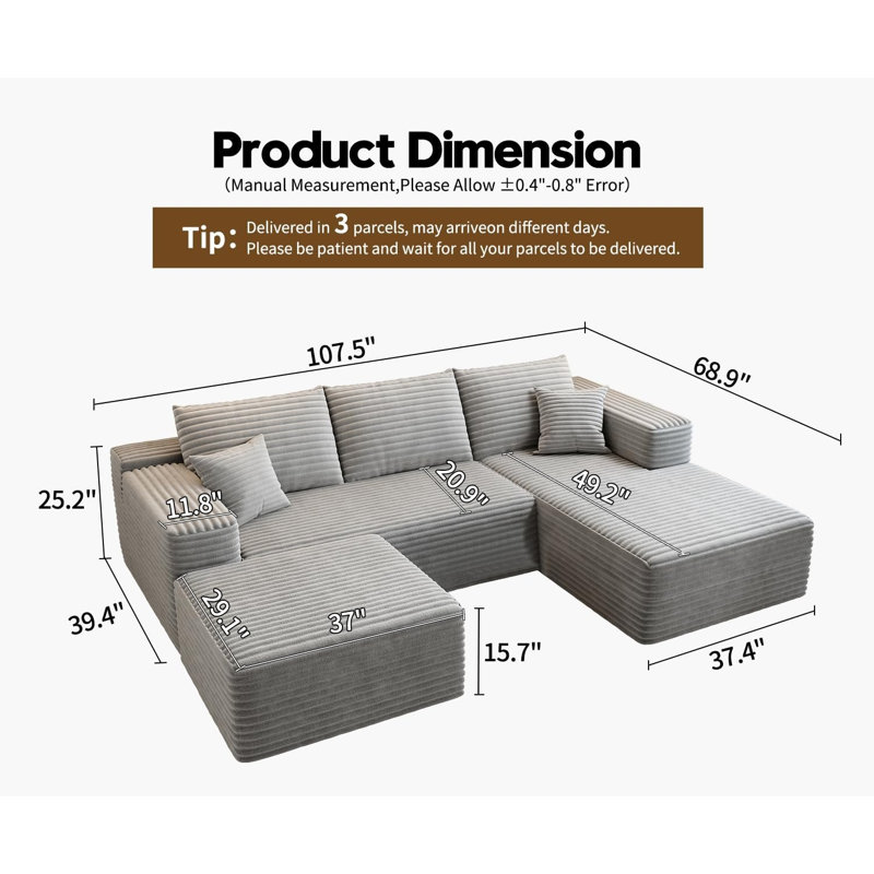 Boneless 107" W Modular Sectional Sofa with Ottoman,Modern U-Shaped Cloud Couch with Deep Seat,Comfy Corduroy 3-Seater Sofa for Living Room,No Assembly