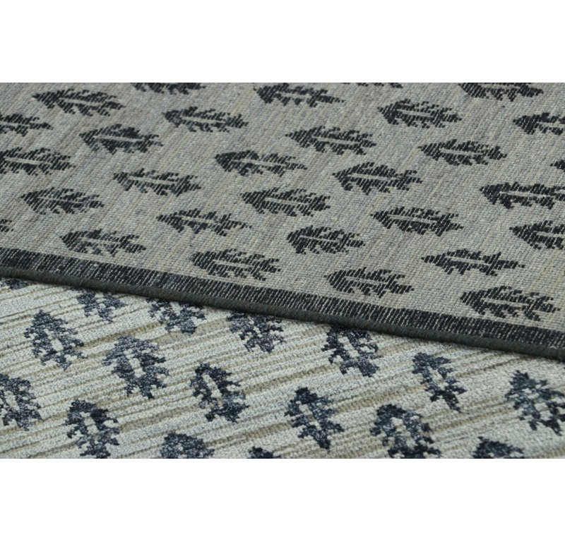 Black Print Hand Knotted Floral Area Rug, Runner 3' x 10'