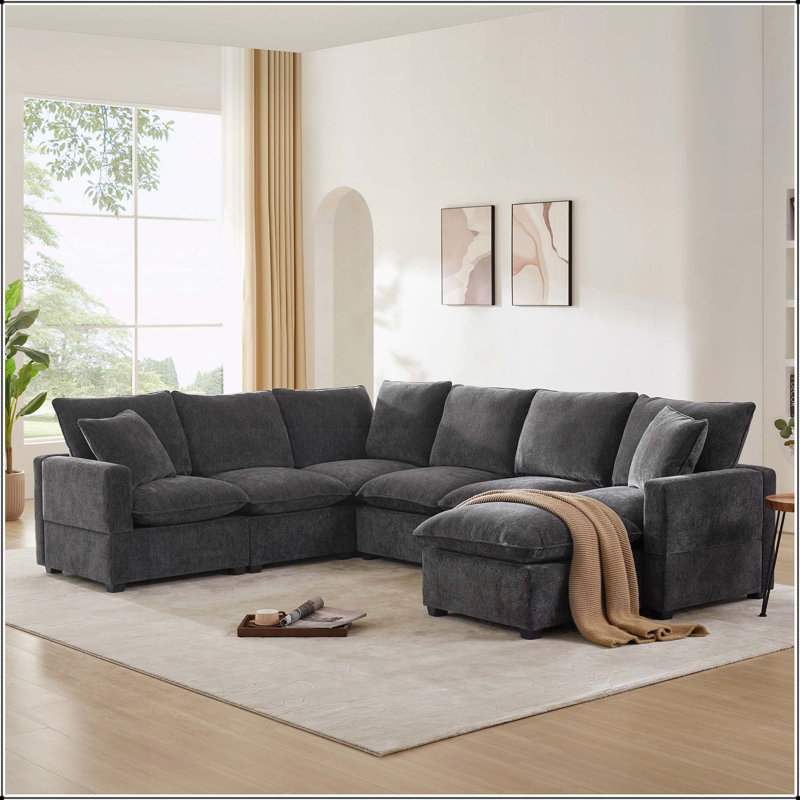 110*86" Modern U Shape Modular Sofas, Black Grey Chenille