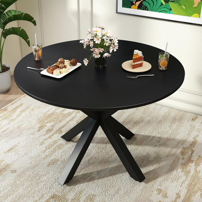 42" Kitchen Dining Table For 4-6, Small Round Kitchen Table With Metal Cross Legs, Black