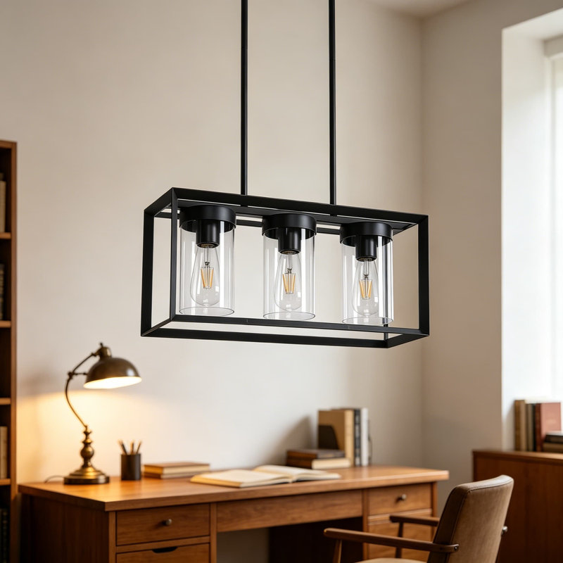 Lustre rectangulaire noir de style campagnard, luminaire de salle à manger linéaire moderne à 3 lumières avec abat-jour en verre transparent, luminaire suspendu réglable pour îlot de cuisine sur table