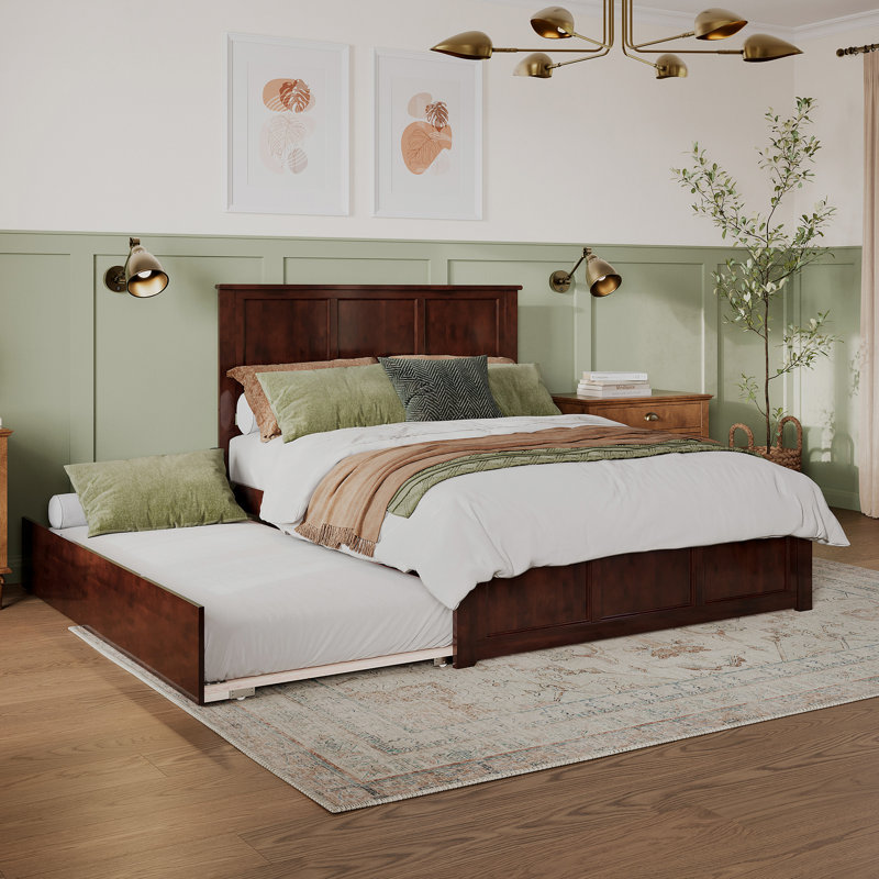 Amison Solid Wood Platform Bed with Matching Footboard and Trundle, Walnut