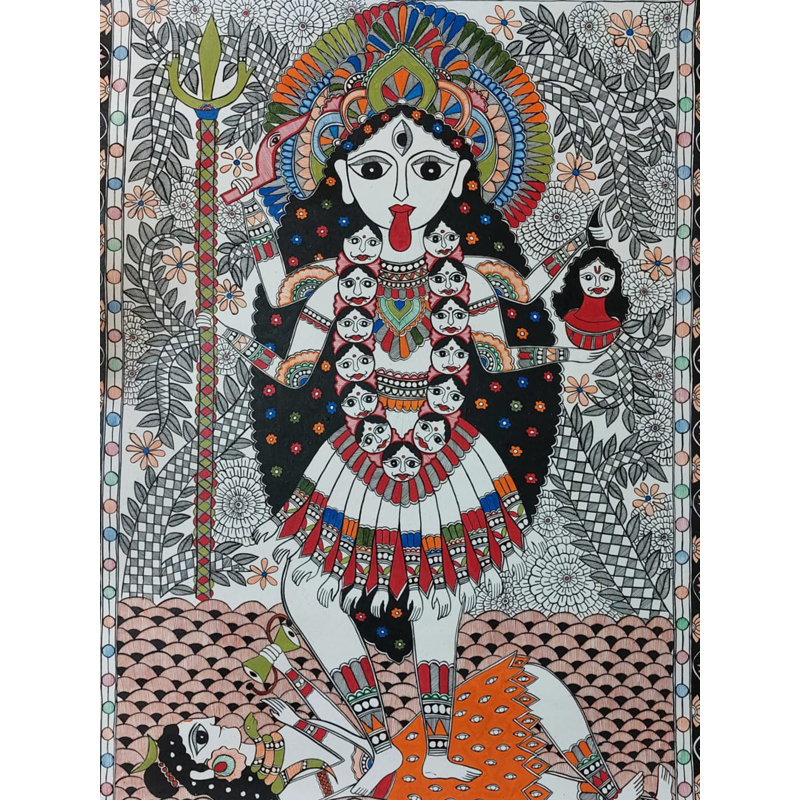 Kali Maa Madhubani, peinture acrylique sur papier faite à la main, art mural indien de 30 po x 22 po par Lalita Ray